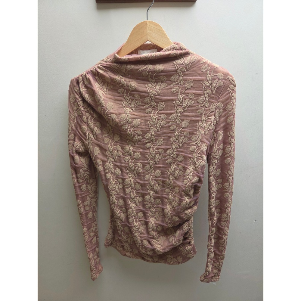 Flying Tomato Womens L Pink Floral Embroidered Mesh Mock Neck‎ Ruched Sleeve Top